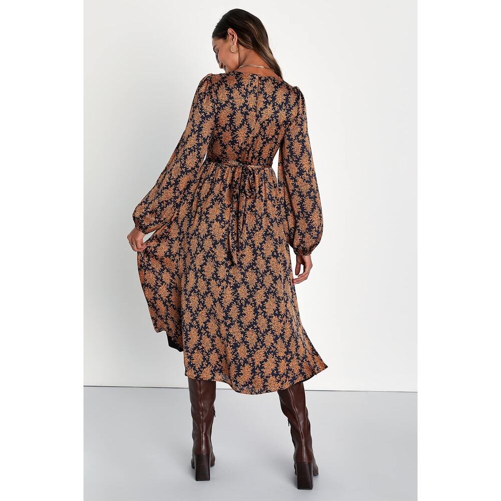 Lulus Floral Midi Dress Black Orange Print Size M NWT Balloon Sleeve Wedding - Picture 3 of 10